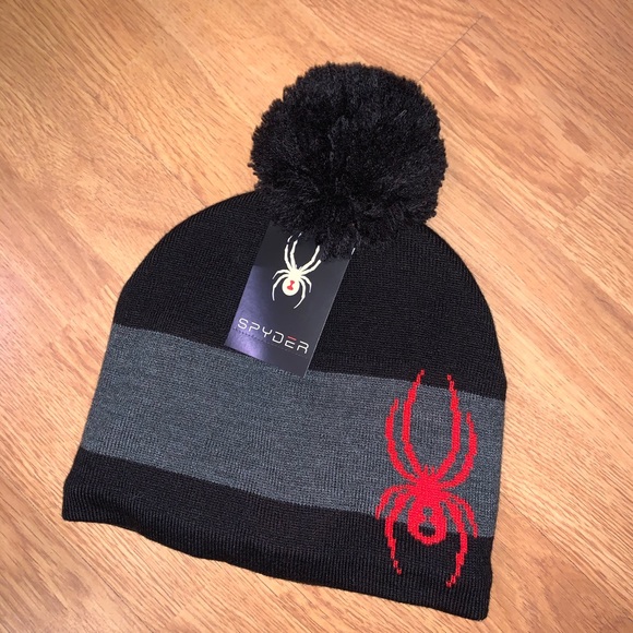 Spyder Other - NWT Spyder Pom Beanie, Black/ Gray/ Red